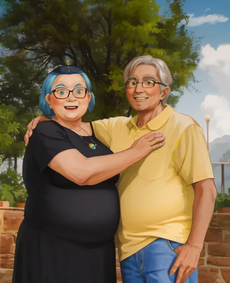 elderly couple with glasses and elderly woman with slightly fat glasses in Disney Pixar style, alta qualidade, melhor qualidade