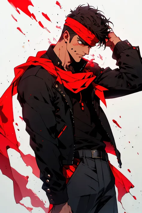 skinny tall man with a red bandana with short buzzcut
 hair and Band-Aid on cheek in a red and black jacket with white background as a cool character




