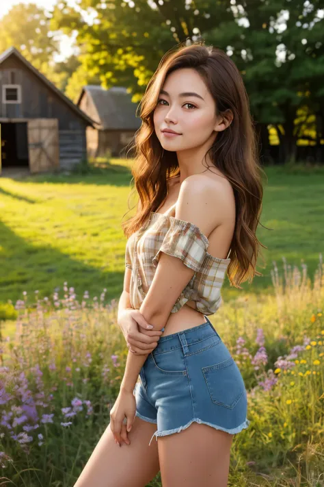 A stunning woman gracefully poses in front of an old barn, wearing a intricately knotted plaid shirt that exposes a slim waist and the enticing curve of her naval. The denim shorts she dons hug her figure perfectly, accentuating her feminine curves. The se...