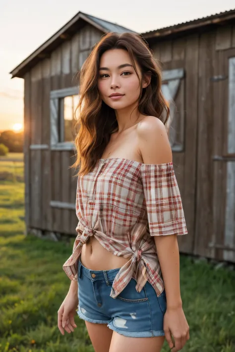 A stunning woman gracefully poses in front of an old barn, wearing a intricately knotted plaid shirt that exposes a slim waist and the enticing curve of her naval. The denim shorts she dons hug her figure perfectly, accentuating her feminine curves. The se...