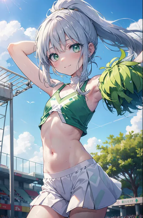 index, index, (green eyes:1.5), silver hair, long hair, (flat chest:1.2),ponytail,(cheer leading), (whole body), lower, (sweaty)...