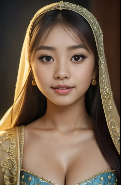 tzuyu, iu, yooa, bellydancer, cleavage,  two beautiful javanese and chinese with hijab and few soft freckles, mole below eyes, detail skin texture, smile, , dramatic light , Rembrandt lighting scheme, (hyperrealism:1.2), (8K UHD:1.2), (photorealistic:1.2),...