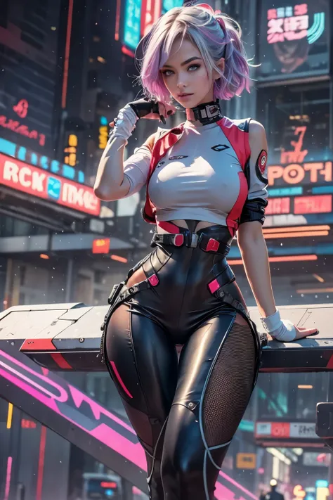 (extremely detailed CG unity 8k wallpaper), (ultra-detailed), masterpiece, best quality, lucy (cyberpunk), bodysuit, solo, breasts, cyberpunk city, multicolored hair, short hair, looking at viewer, medium breasts, black bodysuit, grey eyes, hip vent, cloth...