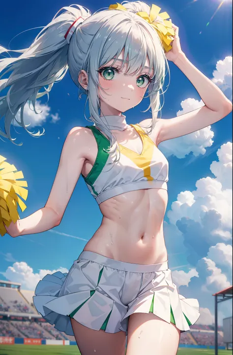 index, index, (green eyes:1.5), silver hair, long hair, (flat chest:1.2),ponytail,(cheer leading), (whole body), lower, (sweaty)...