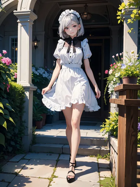 ((masterpiece、highest quality、High resolution、8K))、silver hair、shortcut、smile、black eyes、detailed eyes、white headband、break、Black backless maid outfit、Head to knee、Walk lightly、Not looking at the camera、luxury mansion、A gorgeous garden filled with blooming...