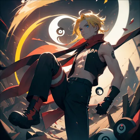 (26 years old), (male), (Yellow hair), (Blue eyes), red scarf, red vest, sleeveless, black pants, black gloves, slim, up to legs, ((Ying Yang Circle Through behind)), ((Game)).