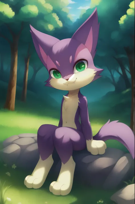 purrloin, anthro, young, green eyes, detailed body fur, looking at you, purple body fur, detailed face, detailed eyes, detailed ...