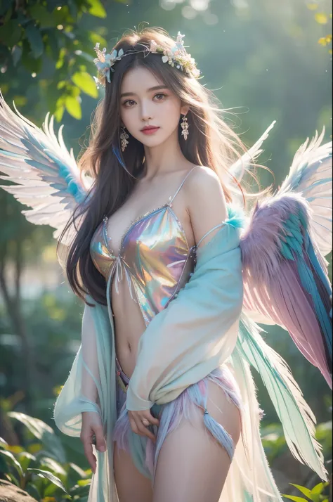 1girl, 23 years old, standing regal with open hands, symmetrical and fractal, multi-color pastel long hair, colorful (1.2), lies in a birds nest and hatches (1.2), perfect face, sexy linagerie, oil smooth skin,  kinky and sexy smile, looking at the viewer,...