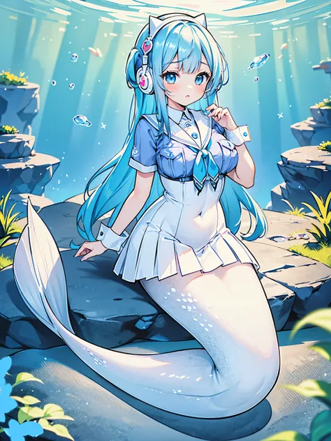 masterpiece, best quality,water girl,big breasts,mermaid,white mermaid tail,cat ear 
headphones, blue shirt, sailor collar, whit...