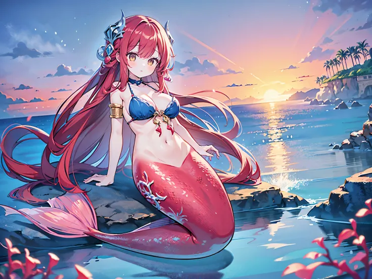 masterpiece, best quality,a girl,big breasts,mermaid,red mermaid tail,full-body shot,beach,sea view,charming face(kawaii, charmi...