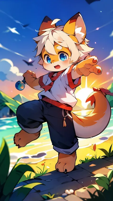 Light orange fur，white hair，orange dragon tail，There is white fluff at the end of the tail，white sweatshirt，hairy，God of Art Super Top Quality, super detailed, High resolution, Anime cute art style, The best anime, 8K, Kona sauce wallpaper, Pixiv Contest W...