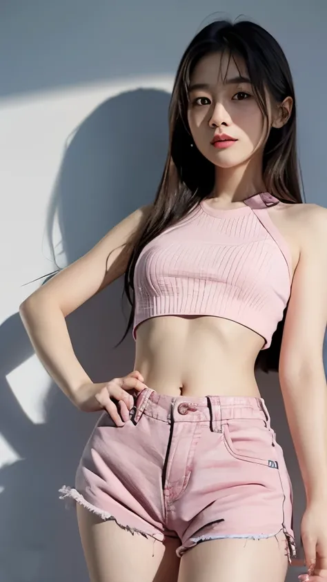 a girl，asian face，small ，Fifteen，Wearing a pink crop top and white low-rise shorts，Leakage above and below the navel