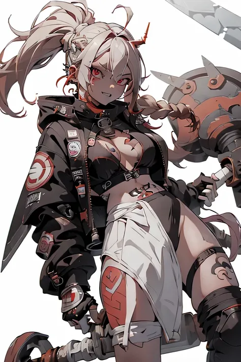 1girl, rebecca (cyberpunk), full body, solo, blonde braid hair, glowing red eyes,laugh fearlessly, leg tattoo, neck tattoo,  large chest, black bra, thong, red pupils, skin fang, red eyes, black jacket, ((Holding a big hammer、white background:1.35))、dynami...