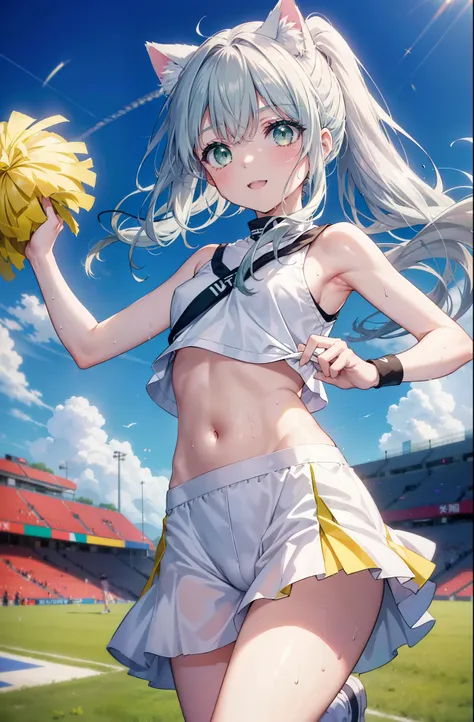 index, index, (green eyes:1.5), silver hair, long hair, (flat chest:1.2),ponytail,(cheer leading), (whole body), cat ear,cat tai...