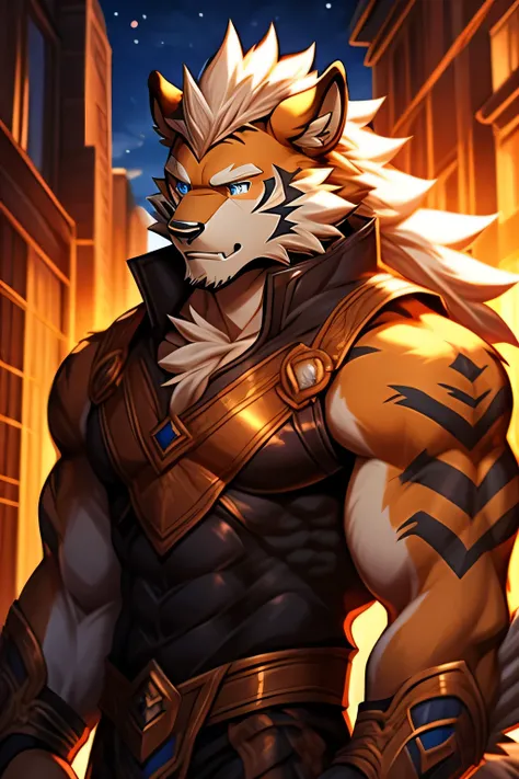 Two-dimensional Arcanine orcs，Adult tigers，The standard body of a Arcanine，The highest appearance，Highest image quality，blue color eyes，Look to the right，Pokemon，best qualtiy，tmasterpiece，Textured skin，romanticism lain，Cinematic lighting effects，Ray trachi...