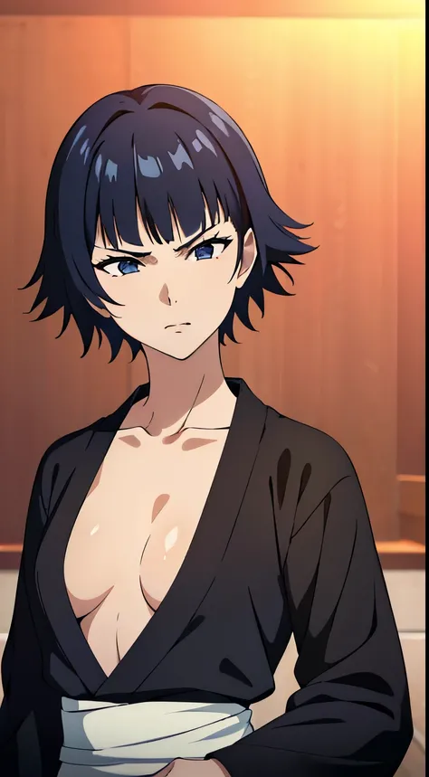masterpiece,super high quality, High resolution, Anime Art Style,girl１people,black kimono,１in people, 8K, perfect face, black hair, short hair, slender body, back muscles, perfect hands, perfect anatomy ,stylish pose,stylish angle,looking at the viewer,in ...
