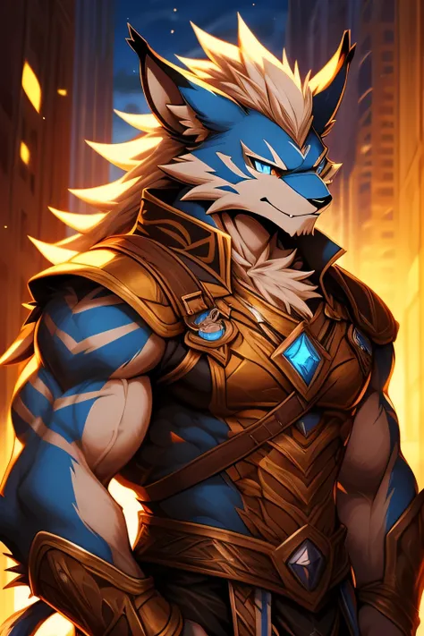 Two-dimensional Leomon orcs，Adult Leomon ，The standard body of a Leomon ，The highest appearance，Highest image quality，blue color eyes，Look to the right，Pokemon，best qualtiy，tmasterpiece，Textured skin，romanticism lain，Cinematic lighting effects，Ray traching...