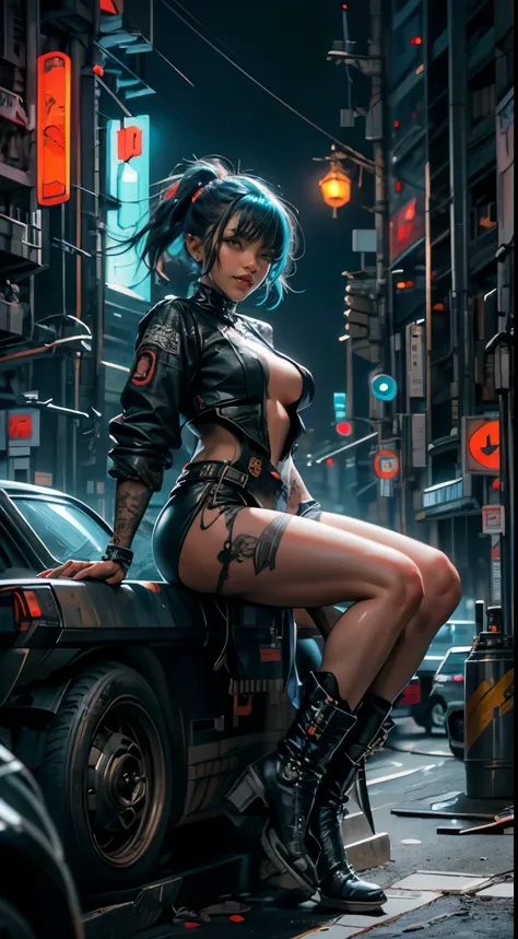 masterpiece, best quality, ((smiling)) cyberpunk naked girl sitting on a large can, Cyberpunk boots, body tattoo, fully naked, exposed pussy, shoving pussy, hairy pussy, eye-catching accessories, trendy and innovative hairstyle, dazzling Cyberpunk cityscap...