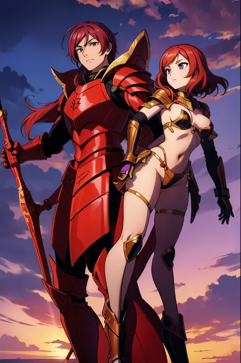 Nishikino maki, Purple eyes, red hair,boy and girl standing beside each other,(armor:1.2),Golden Armor ,Helmet, Powerful pose, breast armor