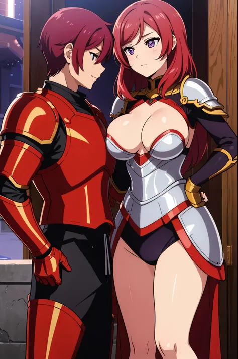 Nishikino maki, Purple eyes, red hair,boy and girl standing beside each other,(armor:1.2),Golden Armor ,Helmet, Powerful pose, breast armor, breast press