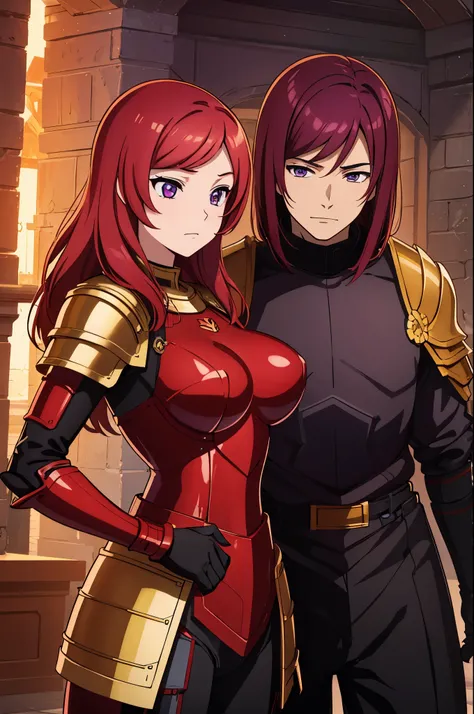 Nishikino maki, Purple eyes, red hair,boy and girl standing beside each other,(armor:1.2),Golden Armor ,Helmet, Powerful pose, breast armor, breast press