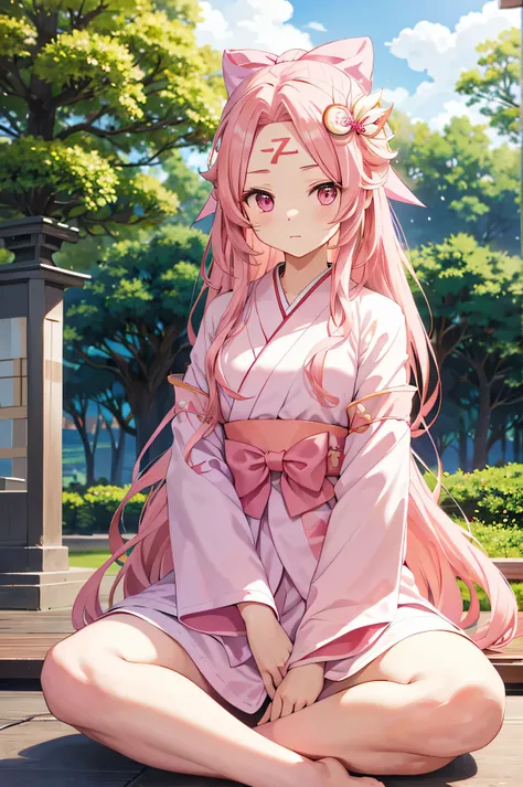 Aizen Meioh、personification、cute girl、Very light pink hair、medium long hair、fluffy hair、pink eyes、Pink kimono、full body shot、facing forward、((Bow crest on forehead、Bow crest on obi))、sitting with crossed legs、((God in the background々New bow design))、