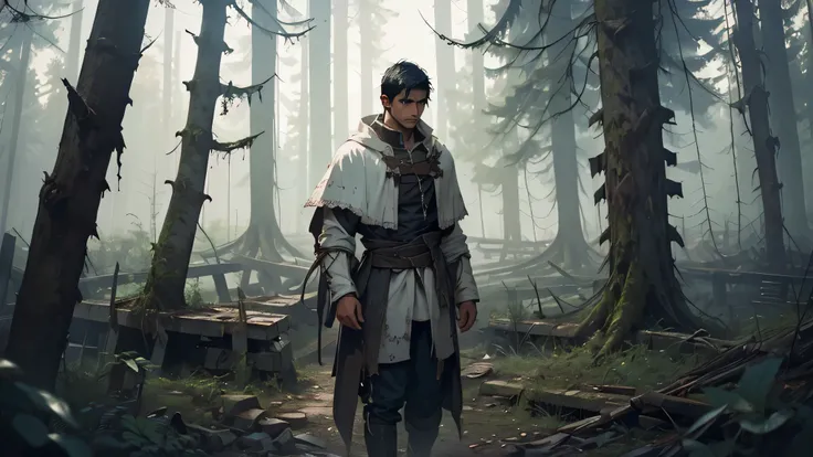 A brooding black-haired young man, clad in tattered white garments, wanders through a desolate medieval forest. Add a misty atmosphere, ancient ruins in the background, and a touch of mystery