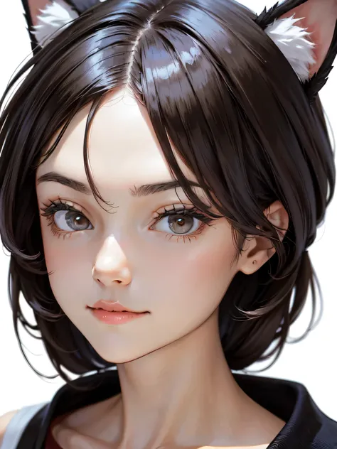 very young slim fit girl, full height, rounded face, very short disheveled dark blue hair, big yellow eyes, shy smile, perfect flat breast, band on head with fake cat ears, look at you, (ahoge:1.2), megane, (white wall, simple scene, white backgrounds, cle...