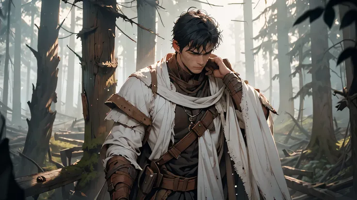 A brooding black-haired young man, clad in tattered white garments, wanders through a desolate medieval forest. Add a misty atmosphere, suddenly hit with a wooden block on his head from behind, close to his face, his face was in pain because he was hit by ...