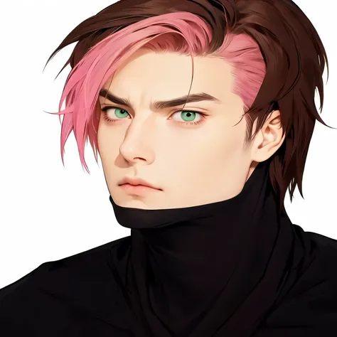 anime guy with pink stripe hair front, brown hair and green eyes staring at something, legendary ninja suit, male anime character, potrait, not happy face