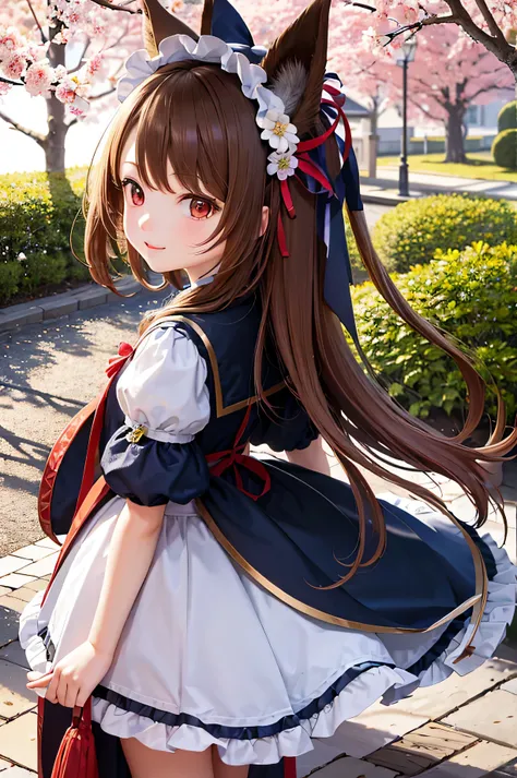 (masterpiece), highest quality, High resolution, very detailed, detailed background, perfect lighting, outside, 1 girl, Cherry tree in full bloom、light brown hair、bright red eyes、Small fox earimi is facing forward、Dark blue and white maid outfit、