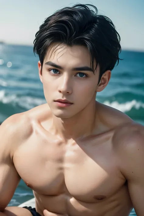 (8K, RAW photo, Highest quality), (full-body shot:1.3), (blue eyes:1.6), (18 years old:1.5), white pale skin, (prince eric from the little mermaid:1.6),(prince_eric:1.5)(short hair:1.6), (dark brown hair:1.5), (wavy hair:1.3), (ocean:1.5), (costline:1.5), ...