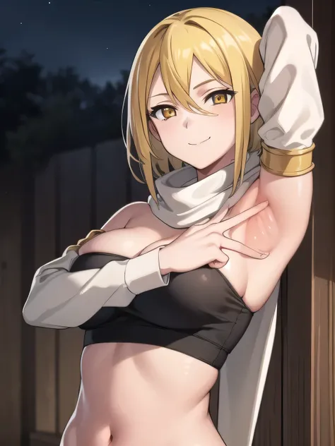 agkleone, leone, blonde hair, (yellow eyes:1.3), (swept bangs:1.5), sidelocks, short hair,
BREAK scarf, white scarf, crop top, detached sleeves, bare shoulders, belt, 1girl, navel, cleavage, underwear, panties, midriff, black panties,
smile, solo, night sk...