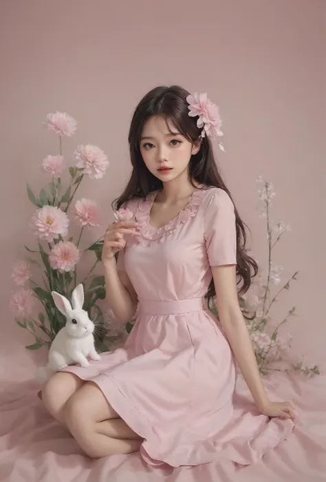 Arapé girl wearing a pink dress sitting in a flower field, ultrarealistic sweet bunny girl, 🌺 CG Society, fairy core, Guweizu, Exciting and cute aesthetics, Pink pastels, artwork in the style of Guweizu, bunny girl, soft anime illustration, dressed up, pa...