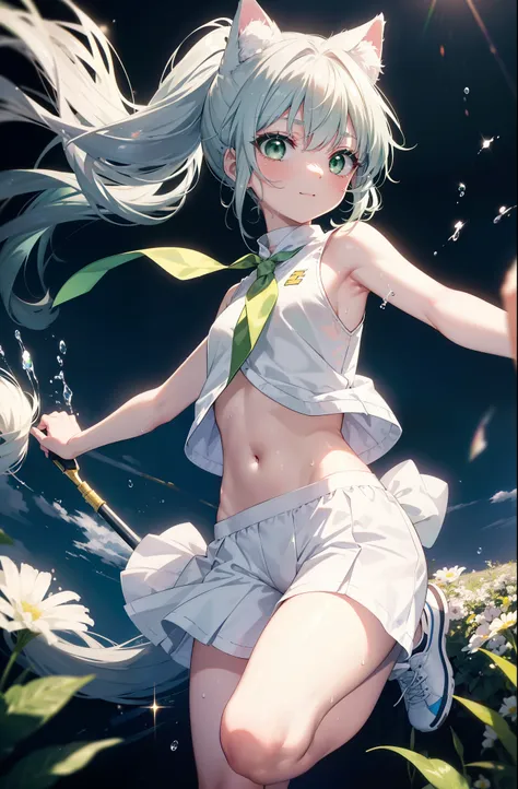 index, index, (green eyes:1.5), silver hair, long hair, (flat chest:1.2),ponytail,(cheer leading), (whole body),animal ears　 cat...