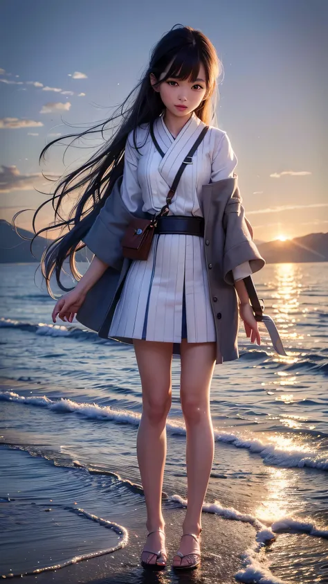 (Close-up:1.4)、(RAW photo:1.2)、(photorealistic:1.4)、(masterpiece:1.3)、(highest quality:1.4)、young japanese woman、(night scenery:1.2)、thin clothes、girl、Put one foot in the sea、standing on tiptoe、cute girl、Landscape、Between the horizon and the sea、view from ...