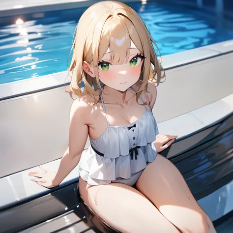 1girl,solo,Sala,original,blonde hair ,green eyes,white swim wear,legs in water,sitting pool side,ultra-detailed,sharp focus,aesthetic,(best quality)