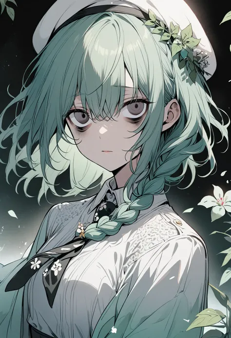 1 girl, (bags under eyes:1.5), Mint green hair, twin_braid, white beret, White shirt, Flower tie