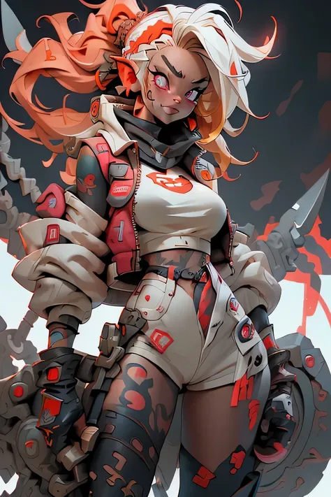 1girl, rebecca (cyberpunk), full body, solo, blonde braid hair, glowing red eyes,laugh fearlessly, leg tattoo, neck tattoo,  large chest, black bra, thong, red pupils, skin fang, red eyes, black jacket, ((Holding a big hammer、white background:1.2))、dynamic...