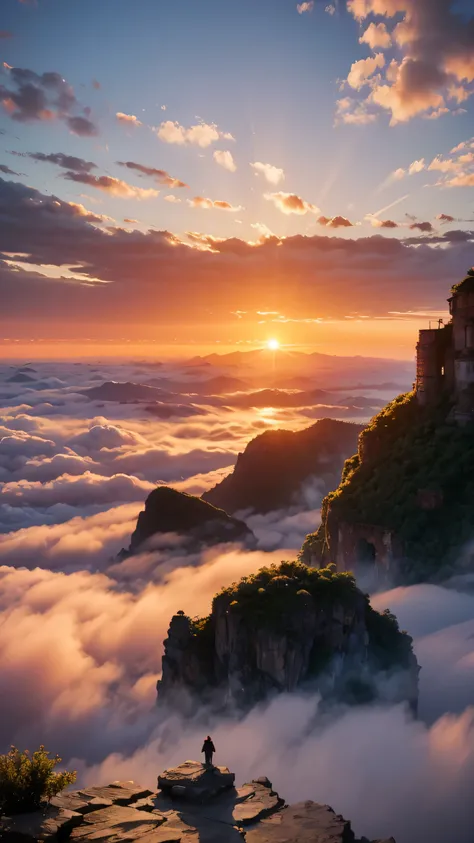 Highest image quality,fantasy,sea of clouds,sunset