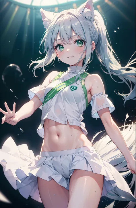 index, index, (green eyes:1.5), silver hair, long hair, (flat chest:1.2),ponytail,smile,blush,open your mouth,(cheer leading), (...