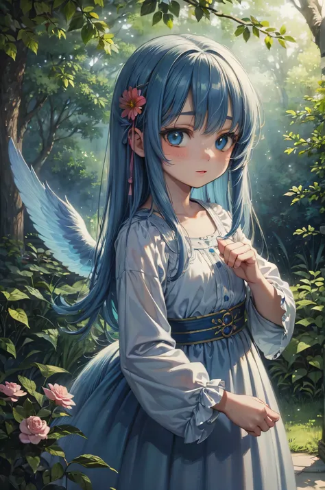 (best quality,ultra-detailed,realistic:1.37),blue-haired,9-year-old,kawaii fox girl with blue eyes,playfully flying with blue wings in a vibrant enchanted forest, magical atmosphere, warm sunlight filtering through the leaves, a gentle breeze rustling the ...