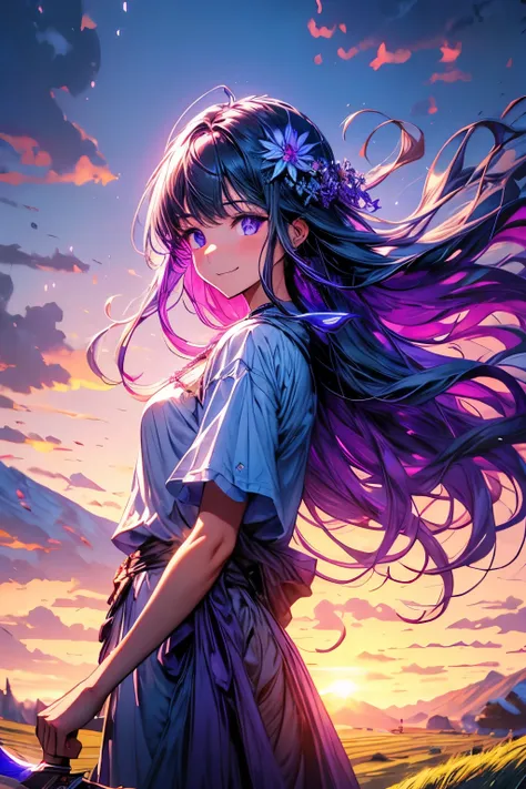 inflammation, blue aura, green aura, Purple aura, Maximum Sharpener, highest quality, Super detailed, masterpiece, fantasy world, sunset, gradation sky, Mountain, wide grassland, beautiful scenery, 1 girl, young girl, Milt model, long hair, gray hair, floa...