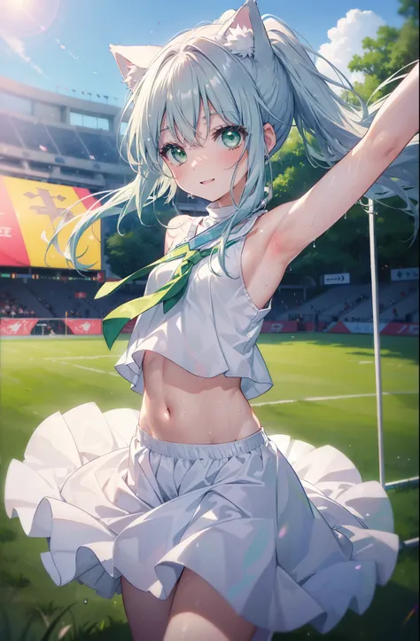 index, index, (green eyes:1.5), silver hair, long hair, (flat chest:1.2),ponytail,smile,blush,open your mouth,(cheer leading), (...