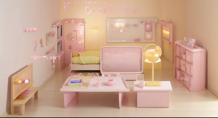 room、Warm colors、Plastic toy-like style、pastel colour、Light and light pink、Light and light yellow、3D anime style