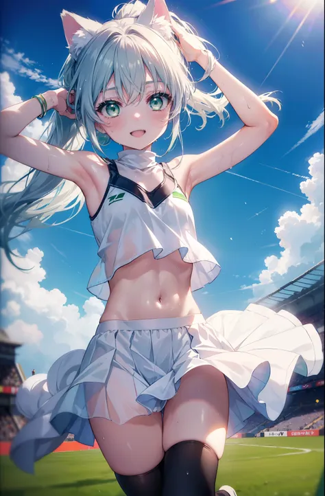 index, index, (green eyes:1.5), silver hair, long hair, (flat chest:1.2),ponytail,smile,blush,open your mouth,(cheer leading), (...