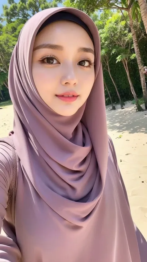 Realistic, ultra sharp, Beautuful Women、hijab, indonesian, beach、selfee、The face is cute、Vanrak Ayyans appears、1 girl, stylish