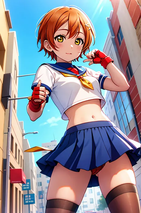 From below,Hoshizora rin, orange hair, yellow eyes ,short hair, bangs, , crop top, red neckerchief,blue micro skirt, fingerless gloves, thighs, standing, cowboy shot,in street ,red panties 