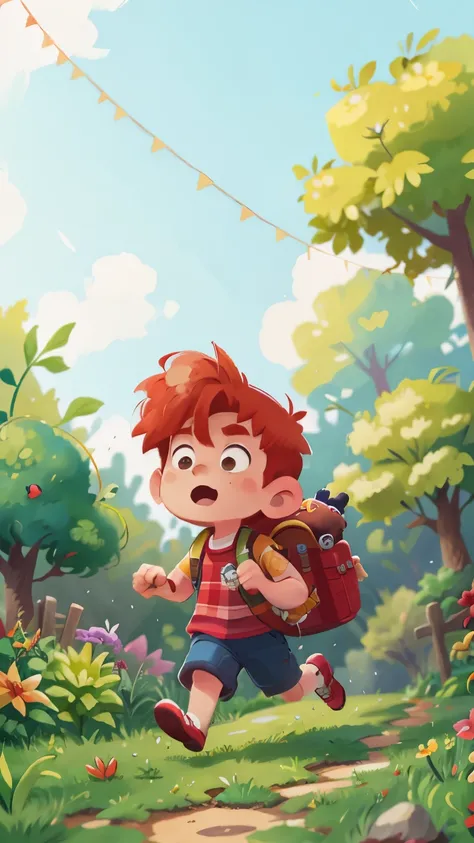 A red-haired boy is running in a garden, Shes wearing gardeners clothes, is assustado, assustado, qualidade perfeita, foco claro (mess - home: 0.8), (obra de arte: 1.2) (realista: 1.2) (Bokeh) (Melhor qualidade) (pele detalhada: 1.3) (detalhes intrincados)...