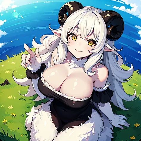 (high quality,masterpiece), 1girl, sheep girl, (completely white skin), curled black horns,curly white hair, furry, white fur, yellow eyes, smiling, black dress, large breasts, cleavage, cute, outdoors, view from above, looking up at viewer, closeup, breas...